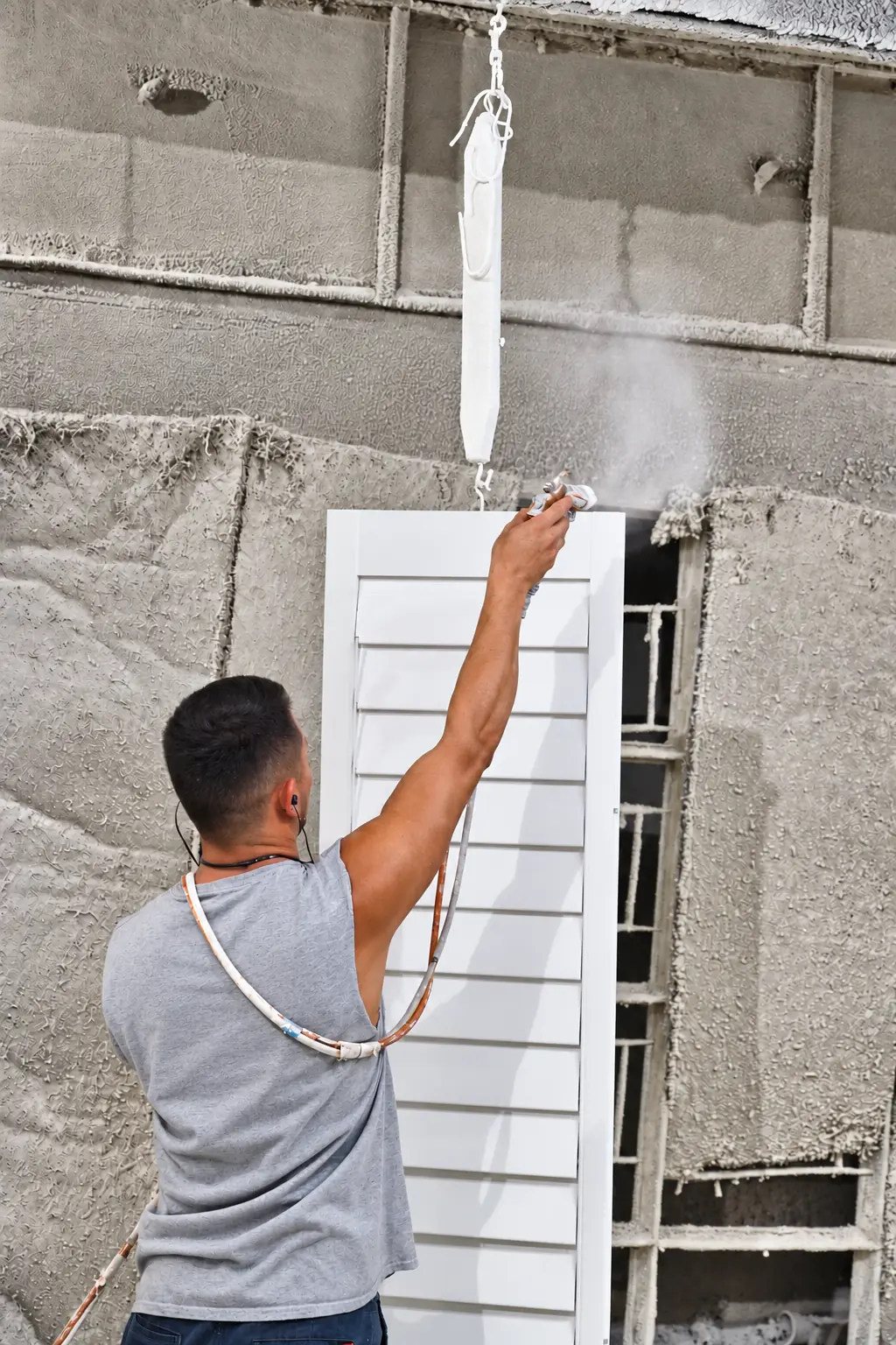 Craftsman spray-finishing a plantation shutter in the paint booth